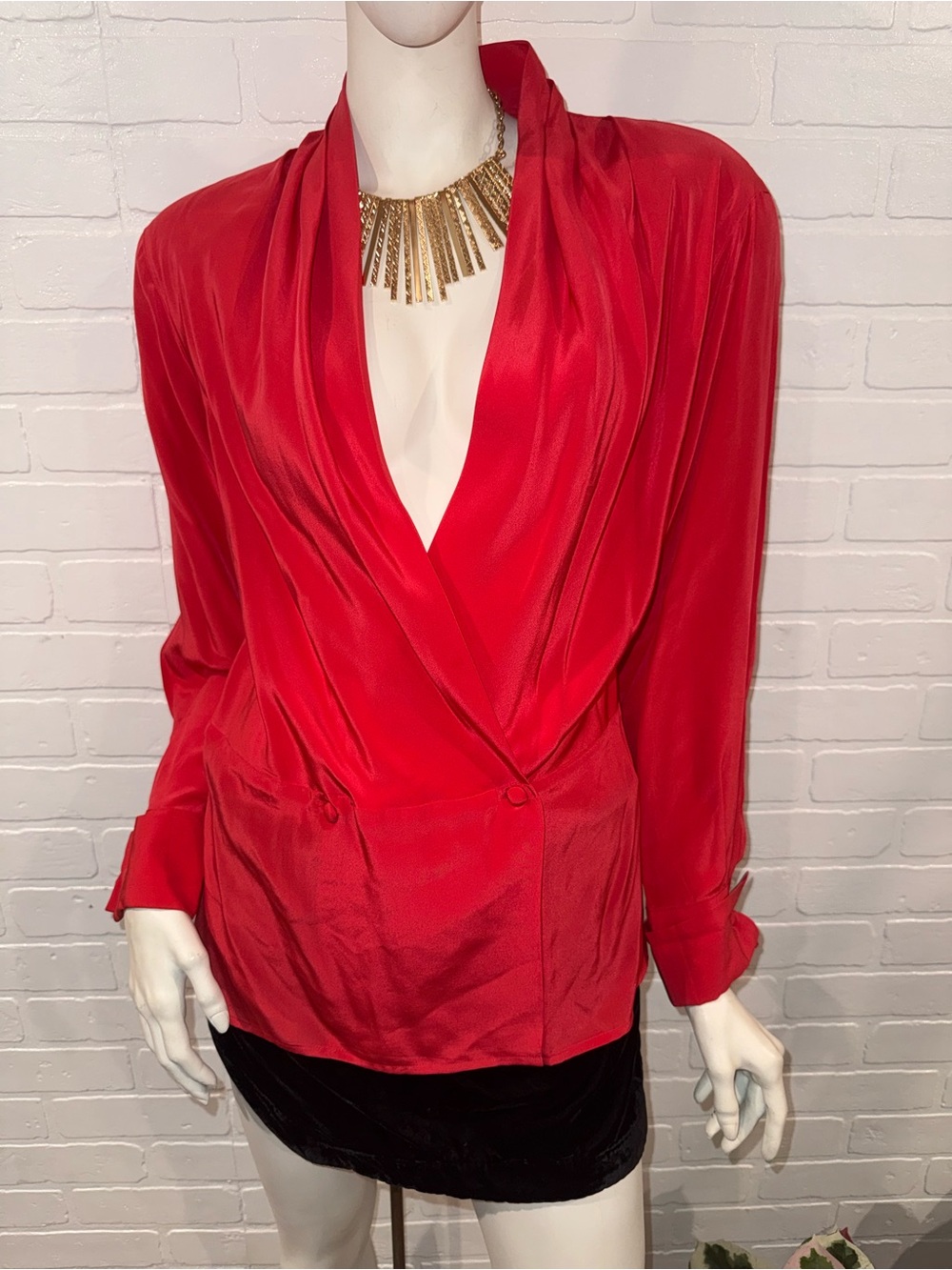 Christian Dior Vintage Red Orange 100% Silk Draped V-Neck Blouse
